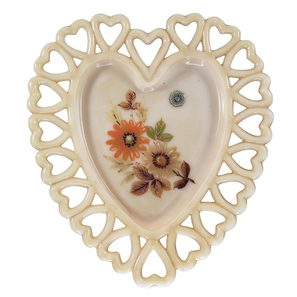 Westmoreland Cream Articulated Heart Plate Trinket Dish Floral Orange Flowers